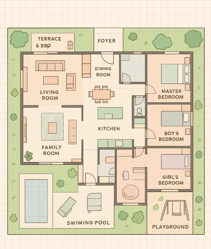 ✨ 50x50 Family Villa Floor Plan ✨ This spacious modern family home is designed for The Sims 4, with a cozy pastel aesthetic and a perfect balance between functionality and style. 🏡 Interior layout Bright foyer leading into an open living room, dining area, and kitchen with island. A cozy family room for games and relaxation. Master bedroom + 2 kids’ bedrooms (boys’ room and girl’s room, each with a unique style). 2 full bathrooms + 1 separate toilet. 🌳 Exterior features A lush garden with colorful landscaping. Large swimming pool with sun loungers. Terrace with barbecue and outdoor dining area. Playground with swing set for the kids. Perfect for large Sims families who want comfort, fun, and a beautiful home to live in 💕