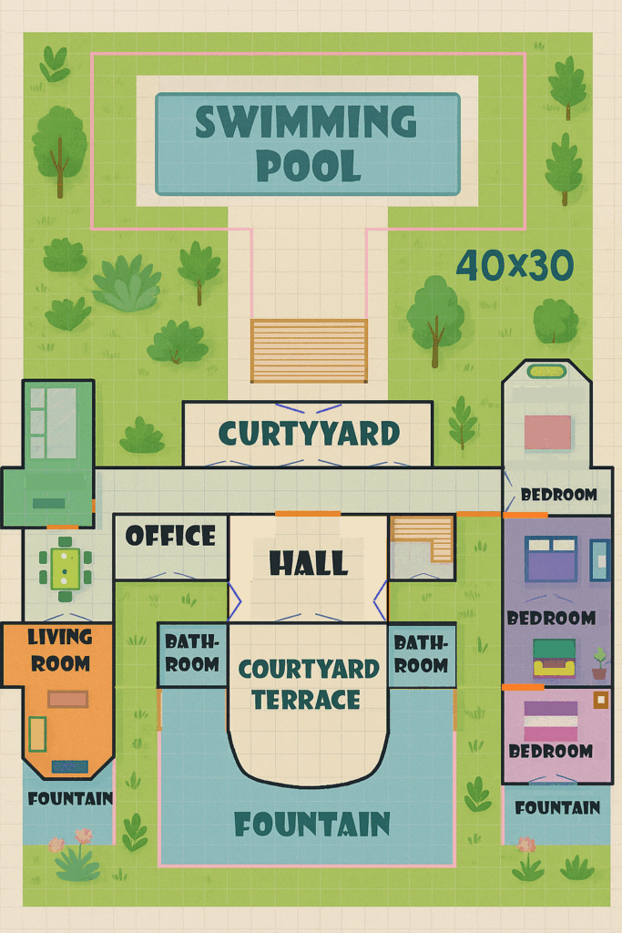 🏡 First Floor Plan — Family Villa (40x30 lot)
A timeless and elegant home layout inspired by tradition, symmetry, and the harmony between indoor and outdoor living. This floor plan balances classical charm with modern comforts, ideal for family life.

🧱 Interior Layout

Entrance / Central Hall
A grand and symmetrical entrance hall that serves as the heart of the home. It connects all major rooms and includes two staircases leading to the upper floor.

Kitchen
Located on the far left, the kitchen is spacious and functional, with direct access to the garden. It connects seamlessly to the dining area, perfect for family meals.

Dining Room
Positioned next to the kitchen, this room features a large table for 8, ideal for gatherings and shared moments.

Living Room
A warm and inviting space for relaxation, featuring a cozy seating area, a reading nook, and direct access to the garden and fountain.

Office
A quiet and bright workspace near the central hall, perfect for remote work or study, with a view of the garden.

Library
A peaceful retreat for reading and reflection, located in the southeast wing of the home.

Three Bedrooms (Bedroom 1, 2 & 3)
Located on the right wing of the house, each bedroom offers comfort and privacy with garden views and proximity to shared bathrooms.

Two Bathrooms
Strategically placed for easy access from the bedrooms and living areas.

🌿 Outdoor Areas

Main Terrace & Central Fountain
Positioned at the bottom of the plan, this area features a large ornamental fountain and a spacious terrace for lounging and outdoor gatherings.

Patios
Three patios (north, central, and south) offer natural light, ventilation, and beautiful views throughout the house.

Swimming Pool
Located at the top of the layout, accessible via a garden path from the central patio. Ideal for summer relaxation and family fun.

Side Fountains
Elegant water features on both east and west sides enhance symmetry and add a serene touch to the garden space.

Landscaped Garden
Surrounds the house with greenery, walking paths, and decorative flower beds — a true oasis of calm.

🌟 Architectural Highlights

Classic symmetry inspired by European villas

Clear separation between living and resting areas

Patios integrated for natural light and airflow

Water as a central aesthetic and relaxing element (fountains and pool)

#TheSims4 #ts4 #sims4 #sims #architecture #architect #fyp #pourtoi #house #home #design #art #gaming #PCgame #viral #geek #homeidea #floorplan #drawing #archilovers #picture #artist #share #eagame #archi #plan #bathroom #kitchen #living #minecraft