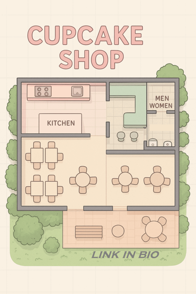 🧁 Cupcake Shop Floor Plan ✨ A sweet and cozy community lot for The Sims 4, designed in pastel tones to bring charm and warmth to your game! 🏠 Interior layout Kitchen to bake delicious cupcakes. Bar counter for serving drinks and treats. Dining room with 4–5 tables for Sims to enjoy their desserts. Separate restrooms (men & women). 🌸 Exterior features A small terrace with 2–3 tables and benches for outdoor seating. A verdant garden surrounding the shop, adding a fresh and inviting atmosphere. 💖 Perfect for Sims who love pastries, cozy vibes, and a place to hang out with friends!