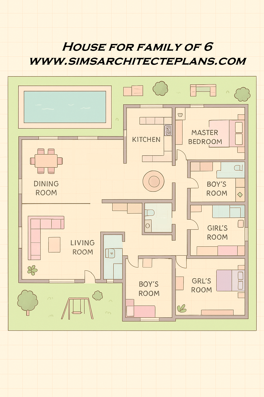 🏡 Perfect Family Home for 6 Sims! 🌟 – Spacious Master Bedroom with private bathroom – 3 Additional Bedrooms: two for boys and one for a girl, each with natural light 🌞 – Bright Living Room opening onto the garden 🌿 – Cozy Dining Room connected to a functional Kitchen 🍽️ – Two Bathrooms for maximum comfort 🚿 – Outdoor Swimming Pool and Playground for family fun 🏊‍♂️🎠 – Large garden with trees and relaxing areas 🌳 ✨ Designed for family life, this plan offers comfort, style, and plenty of space for your Sims to thrive. #sims4 #ts4 #gaming #house #architecture #plan #floorplan #blueprint #PCgaming #fyp #viral #art #design