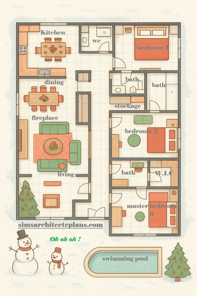Step into this charming single-story Christmas-themed home, designed with soft pastel tones and a warm festive spirit. The spacious layout welcomes you with a bright entryway leading into an open dining area and cozy living room, complete with a fireplace, a beautifully decorated tree, and generous space for family gatherings.