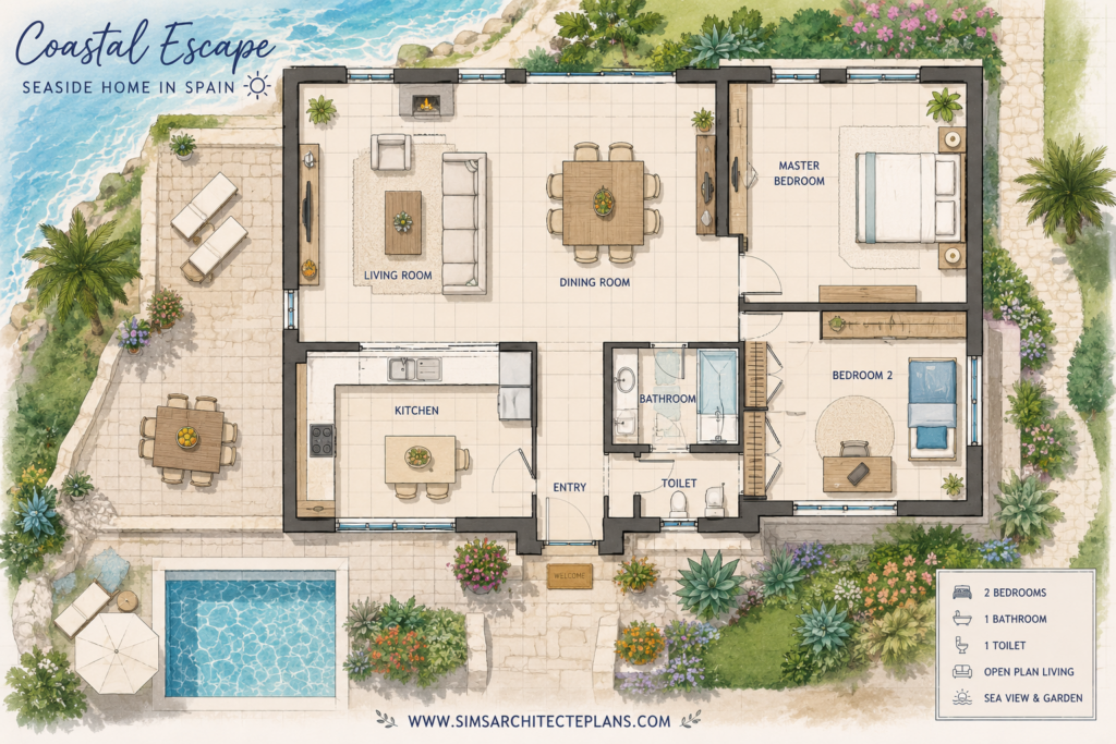 This seaside house captures the essence of a peaceful life by the water. With its bright open spaces, warm pastel tones, and thoughtful layout, it offers both comfort and harmony.

✨ A welcoming entry
✨ A cozy living room with fireplace for quiet evenings
✨ A spacious dining area for 6, perfect for sharing moments
✨ A functional kitchen filled with light
✨ 2 bedrooms, including a serene master suite
✨ A bathroom + separate toilet for everyday comfort

Outside, a Mediterranean-inspired garden opens onto a sunny terrace and pool, inviting you to slow down and enjoy the present moment.