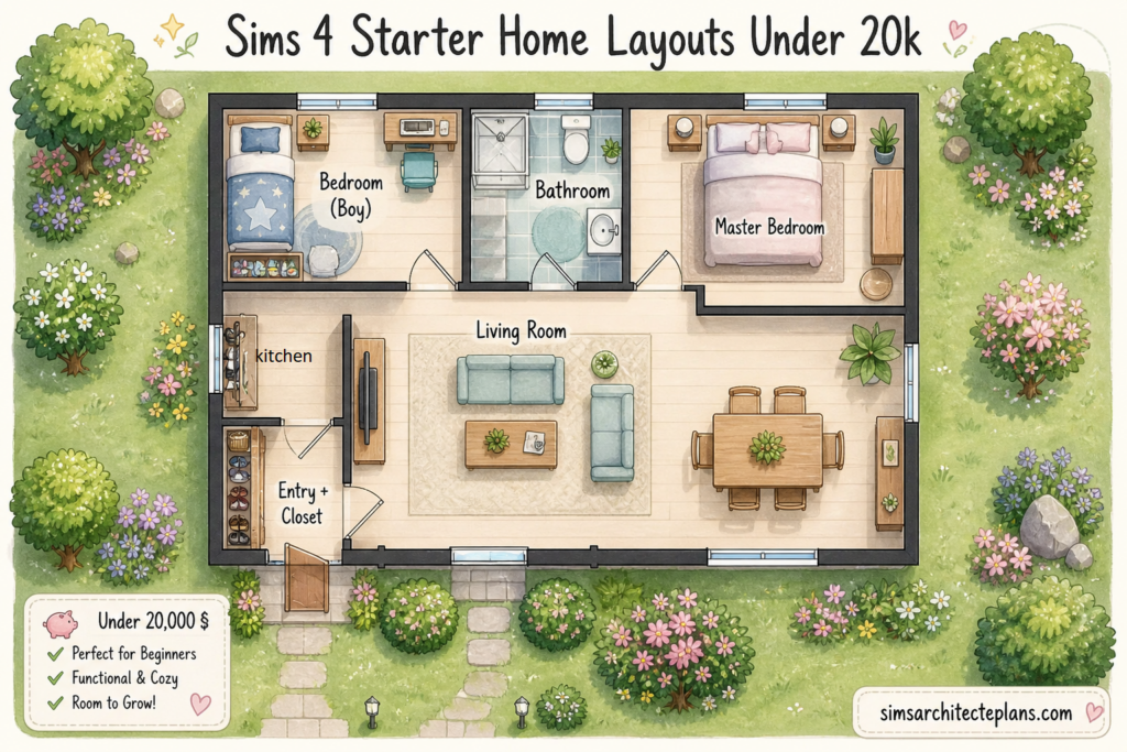 A cozy and affordable dream home 
This Sims 4 Starter Home Layout under 20k proves that you don’t need a big budget to create something beautiful, functional, and full of life.

Designed for new players or fresh beginnings, this home features a bright living space, a welcoming dining area, two comfortable bedrooms, and a practical bathroom — all carefully arranged to feel natural and easy to build in-game.